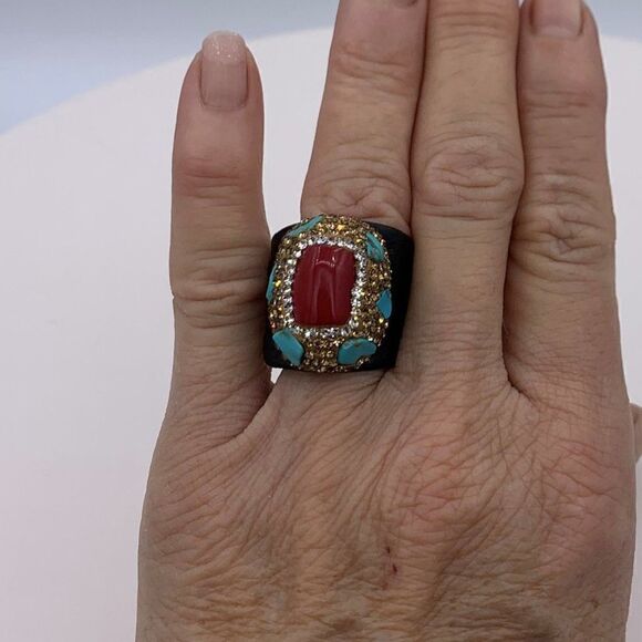 Ring, turquoise, coral, crystals, snake skin, big bold look NWOT adjustable size - Picture 3 of 14